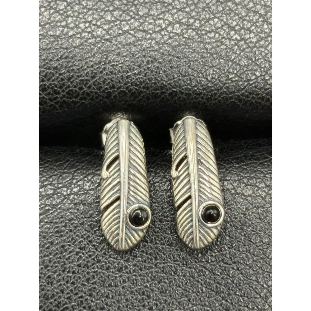 New Condition Sterling Silver Onyx Feather Dangle Earrings 925 E22
